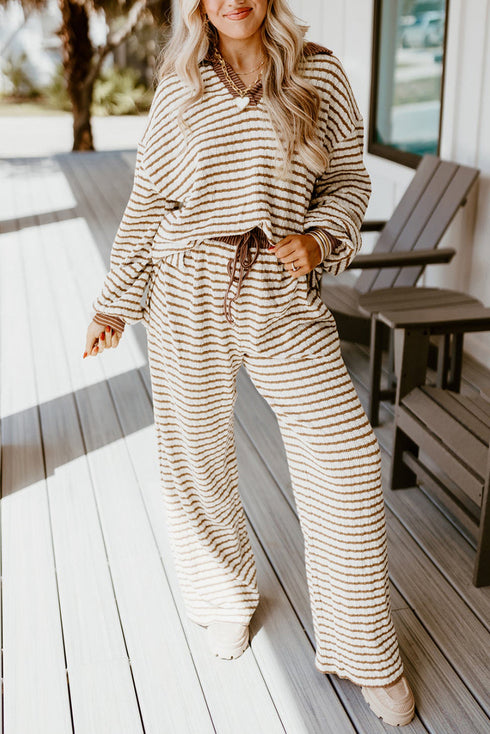 Striped Johnny Collar Pullover Drawstring Wide Leg Pant Set